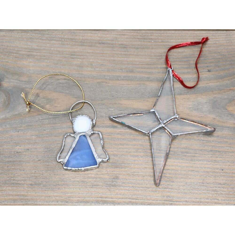 Vintage Stained Glass Christmas Angel Window & Star Ornaments Hanging Suncatcher